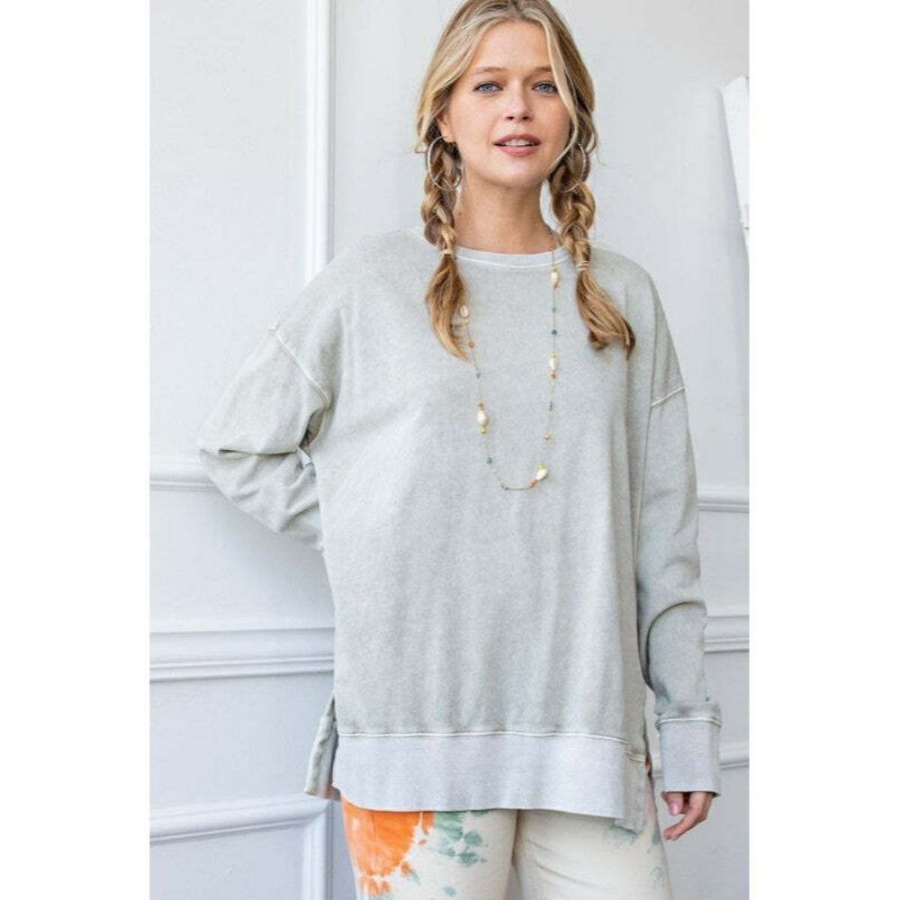 Easel Long Sleeve Oil Washed French Terry Knit Pullover Top Sage Grey ET13927